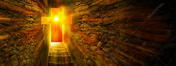 Jesus Christ is Risen. Exit from the cave in the form of cross. Bright sun and stairs leading to the exit. Biblical story concept