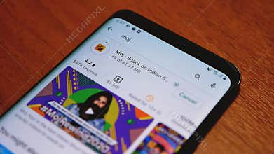 Moscow, Russia 03/02/2021 The Moj application is installed on a mobile device. Moj application logo on the smartphone screen close