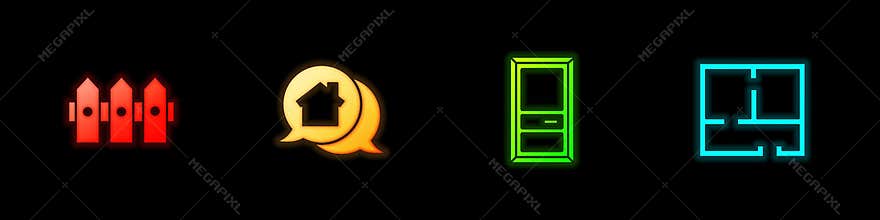 Set Garden fence wooden, Real estate message house, Closed door and House plan icon. Vector