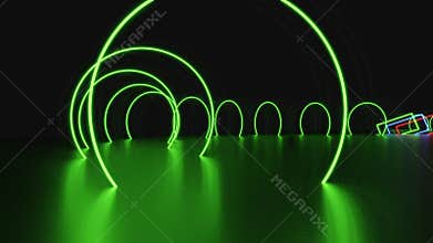 Abstract flying through neon fluorescent triangles, rectangles and circles