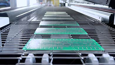 Print circuit board, pcb on conveyor of SMT automatic pick and place machine for assembly electronic board