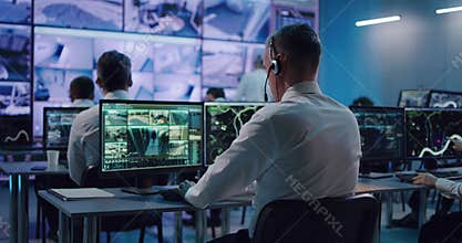 Man working in surveillance center near bosses discussing footages