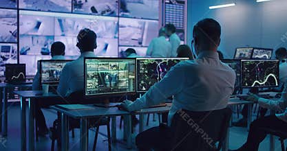 Male spy browsing video and map on computers