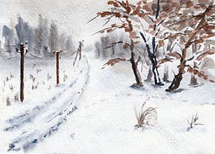 Winter landscape. Road and  long electirc wires disappear in fog