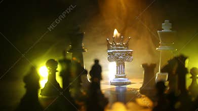 Beautiful crown miniature on chessboard. chess board game concept of business ideas and competition and strategy ideas concept. Ch