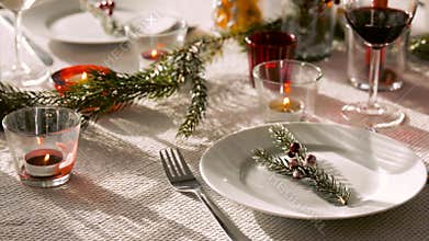 Christmas dinner party table serving at home