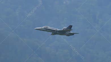 Modern supersonic military aircraft flies in slow motion