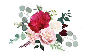 Burgundy red peony, dusty pink and ivory rose, blush hydrangea flowers