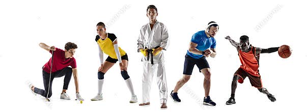Sport collage. Golf, fitness, volleyball, taekwondo, running, basketball players in motion isolated on white studio