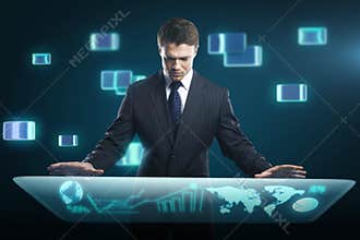 Man pressing high tech type of modern buttons