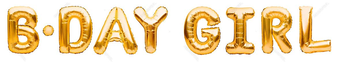 Words B-DAY GIRL made of golden inflatable balloons isolated on white background. Gold foil helium balloons. Baby