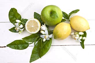 Lemons and apple with blossoms