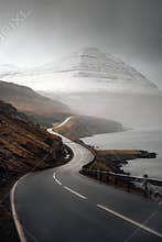Scenic freeway by the lake on Faroe Islands