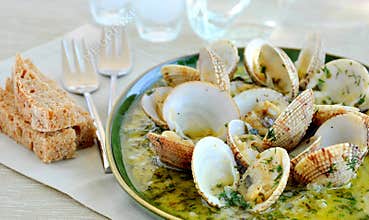 Cooked clams in white wine sauce