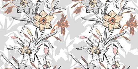 Botanical seamless vector pattern with hand drawn flowers daffodils on white.