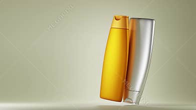 Cosmetics beauty product bottles, gold and silver tubes on isolated background. Hair care shampoo conditioner, cosmetic