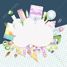 Template with dark blue chalk board and school paper background with a cloud shaped text plate decorated with watercolor