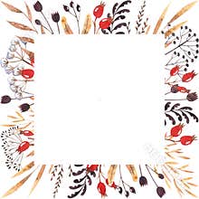 Watercolor square outer frame with dried winter herbs, leaves and dog-rose berries