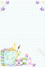 Rectangular template with notepad sheet background with watercolor clipart of school art and craft supplies, text book, ruler