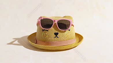 Girl's summer straw hat with sunglasses funny stop motion animation.