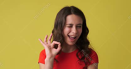 Woman winking eye and showing ok gesture with hand