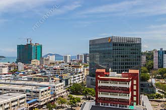 Panoramic view of Kota Kinabalu city with Plaza Shell Building home of the Sabah Shell Petroleum Co Ltd and the Wisma Budaya in