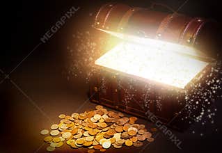 Old wooden treasure chest with gold