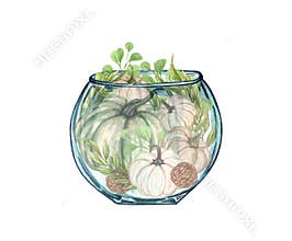 Watercolor pumpkin in glass vase. Halloween clip art, autumn design elements, fall arrangement, Harvest clip art