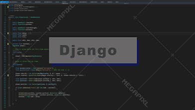 Programming language, Django inscription on the background of computer code.