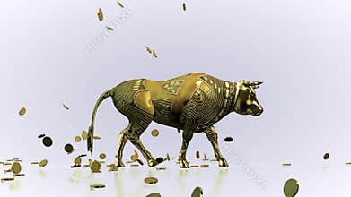 Bitcoins Falling On A Walking Bull Symbolizing The Bullrun Crypto Market, Against White