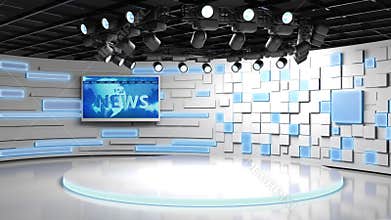 Tv studio. News room. Blye and red background. General and close-up shot. News Studio. Studio Background. Newsroom