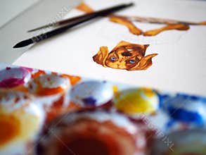 Dog head human playing board game fun leisure on table top hobby watercolor painting illustration design art cartoon character