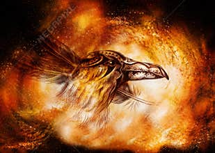 ornamental raven drawing with feathers in cosmic space.