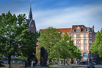 HANNOVER, GERMANY. JUNE 19, 2021. Beautiful view of the city. Monument to the Gottingen Seven