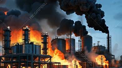 Flames of Disaster: Detailed Stock Footage of an Intense Blaze Engulfing an Industrial Facility