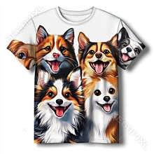 Unique tee shirt with cartoon cat and dog graphics.