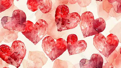 Valentine hearts watercolor seamless pattern in red and pink hues for romantic designs