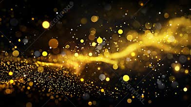 Modern realistic illustration with golden glitter, confetti, and sparkles featuring the glow of lights at night. Overlay