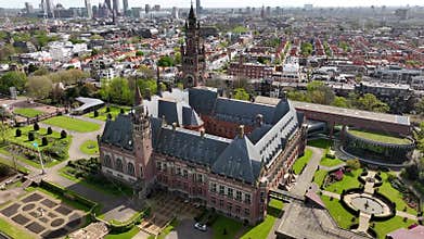 Building of International Court of Justice in Den Haag, Holland. Netherlands, Europe from above