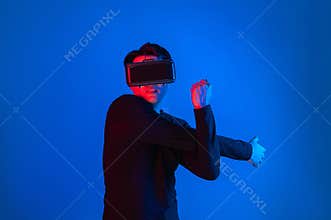 Smart sportman player wearing VR stretching whole body posing. Contrivance.