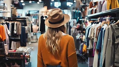 Young woman in a stylish hat explores a trendy clothing store filled with colorful garments and accessories on a busy
