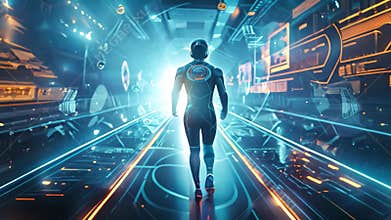 A futuristic depiction of two soccer players competing in a high-tech match, illuminated by dazzling stadium lights, A futuristic