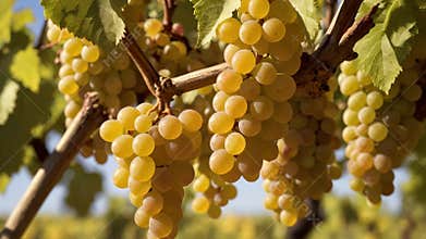 Bunches of white grapes hanging on vine in warm sunlight