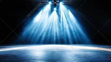 A stage with lights of searchlights shining on it