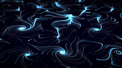 Dark background with illuminated plant shaped patterns and moving light impulses with neon glow effect