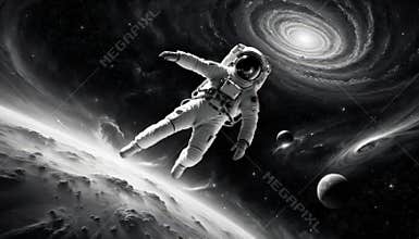 Astronaut floating in black and white outer space
