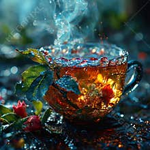 Steaming herbal tea in decorative cup with leaves