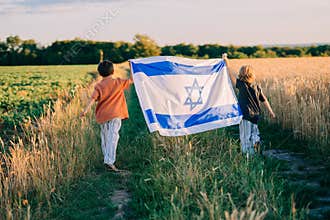 Happy Israeli Jewish Little Boys With Israel National Flag. Independence