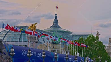 Decorating the Alexander Bridge in Paris with Olympic symbols and the 2024 Olympic colors and logos. Paris, France, 08
