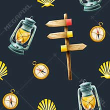 Seamless pattern with camping old oil kerosene lantern , symbol of the Camino de Santiago route, marine compass